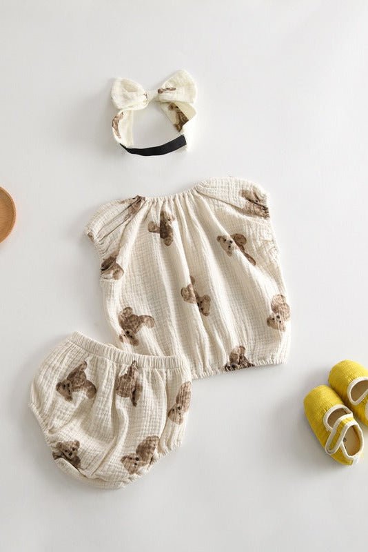 Bear 3 Piece Summer Set (T-Shirt, Shorts & Headband) - Cozy Crew Club