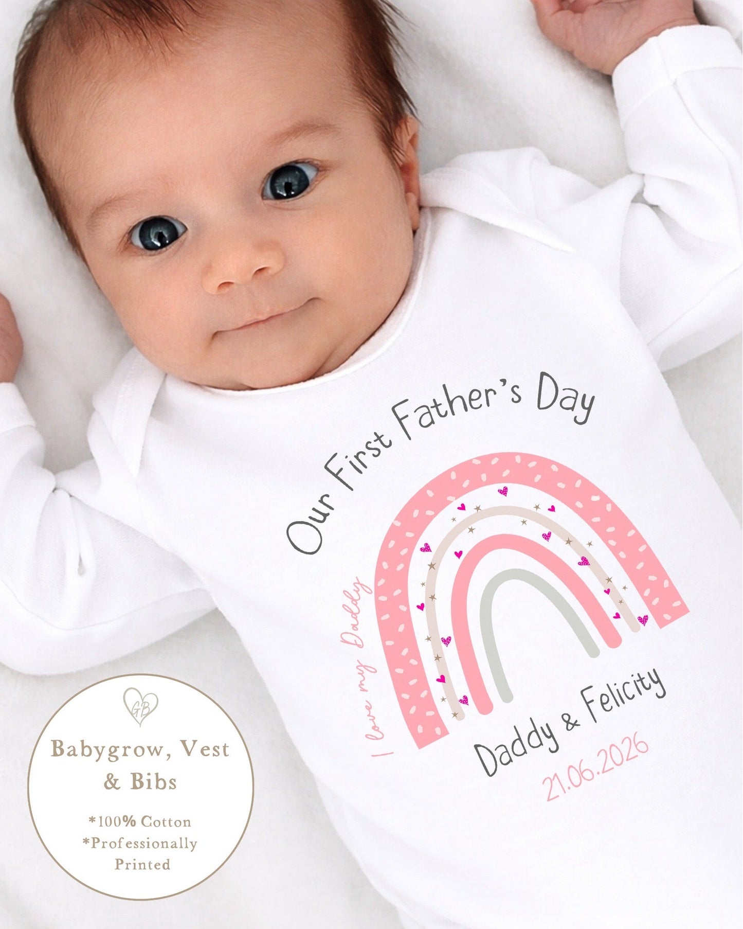 Personalised My First Father's Day Baby Vest / Babygrow - Pink Rainbow Design