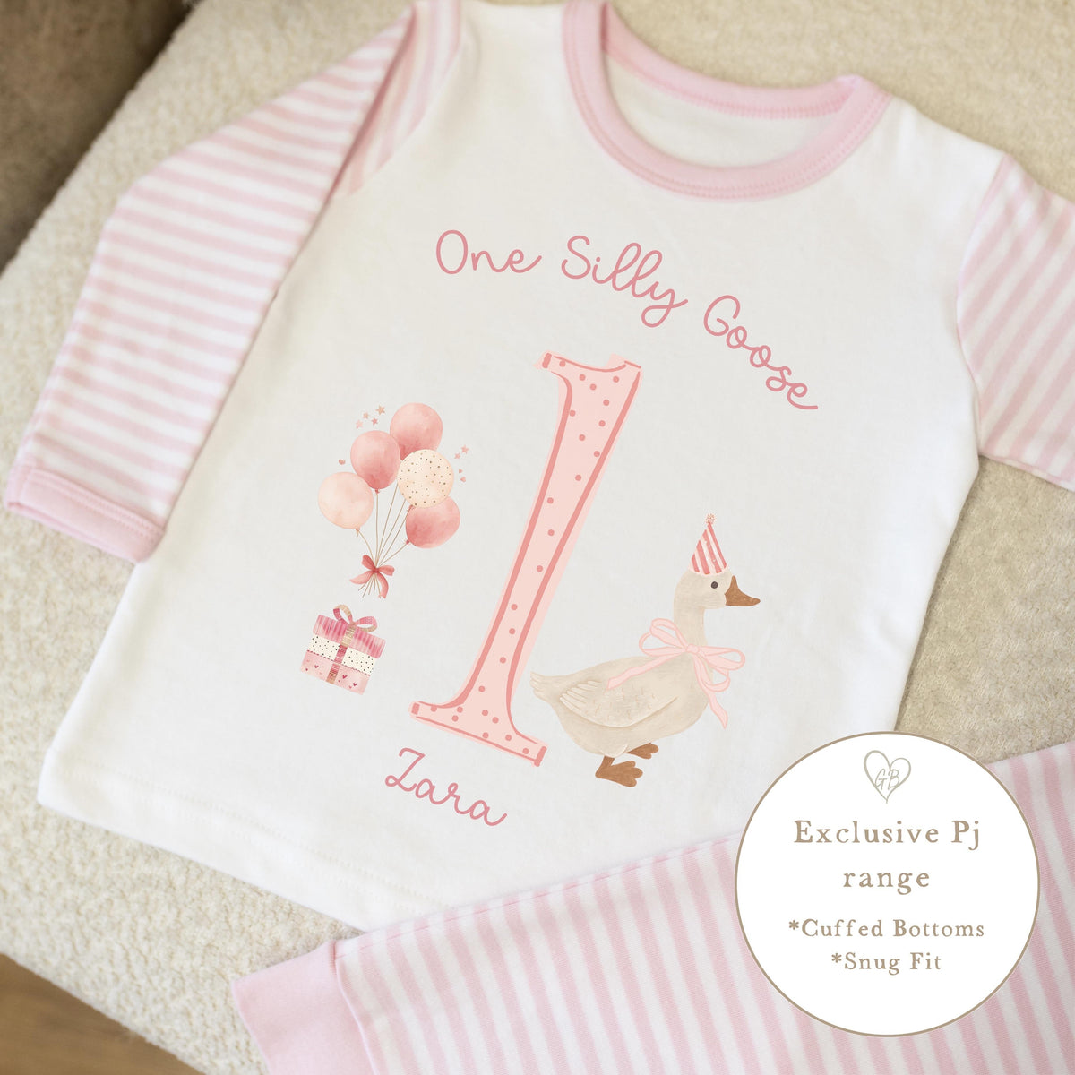 Personalised Pink Stripe Birthday Pyjamas - One Silly Goose Design