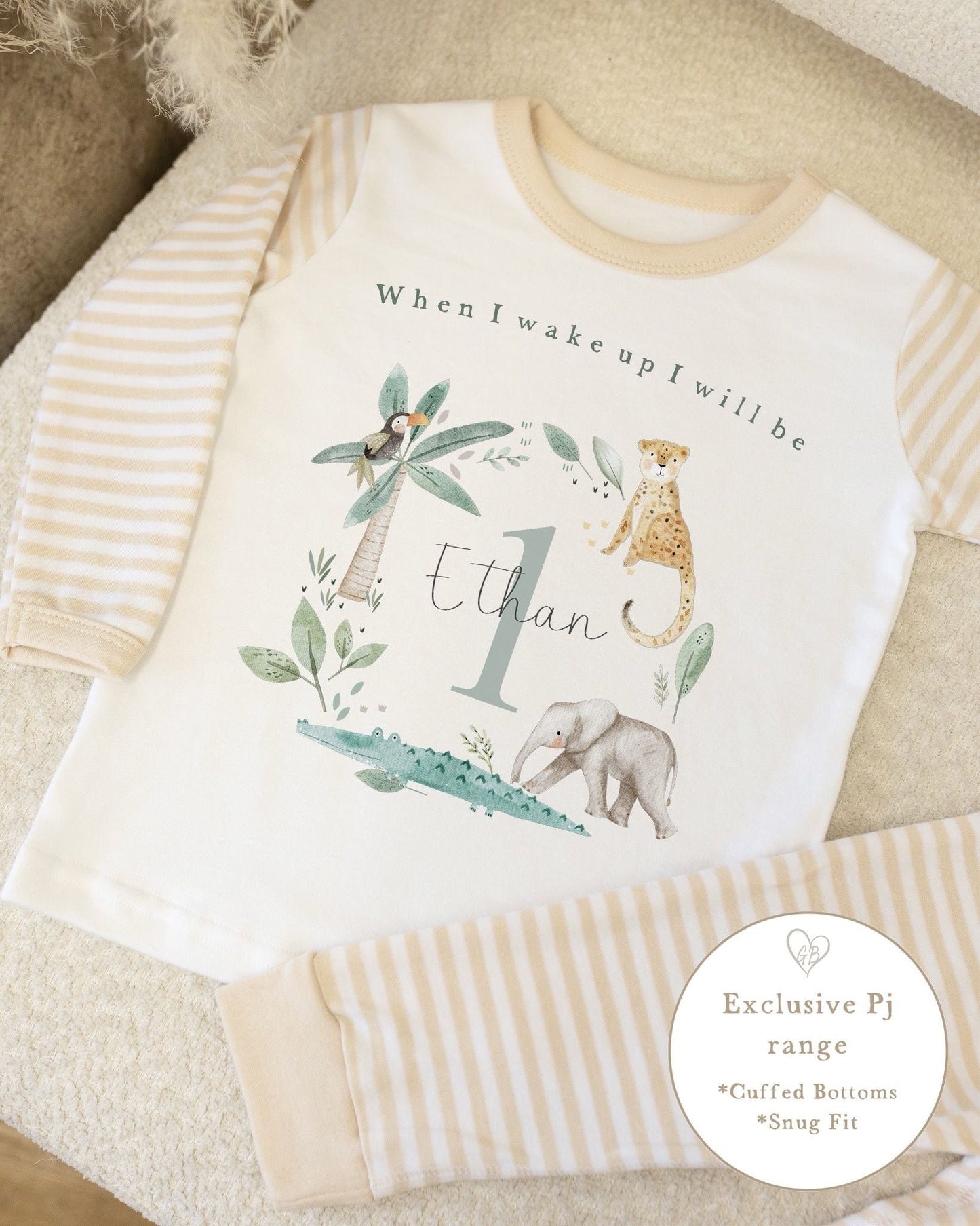 Personalised Stripe Birthday Pyjamas Jungle Wreath Design