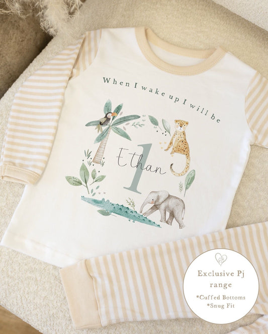 Personalised Stripe Birthday Pyjamas Jungle Wreath Design
