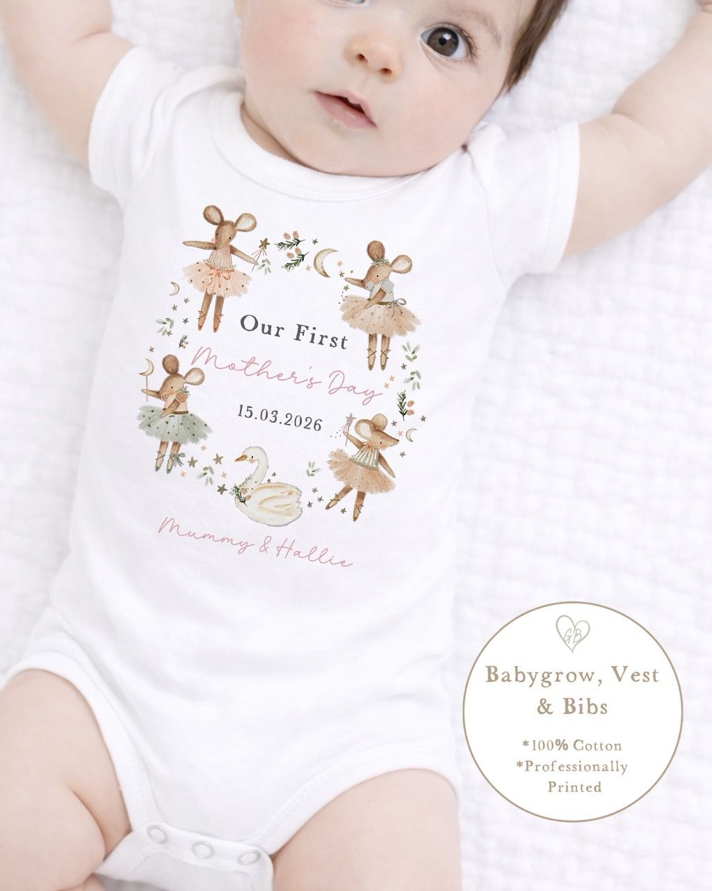 Personalised My First Mother's Day Babygrow / Short Sleeve Vest - Pink Mice Wreath Design