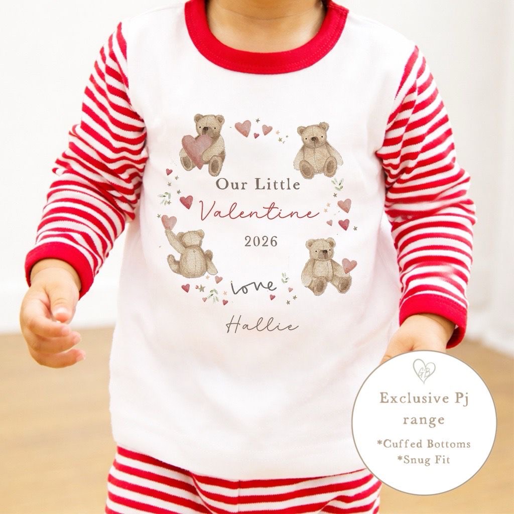 Personalised Red Stripe Valentines Pyjamas - Bear Wreath Design