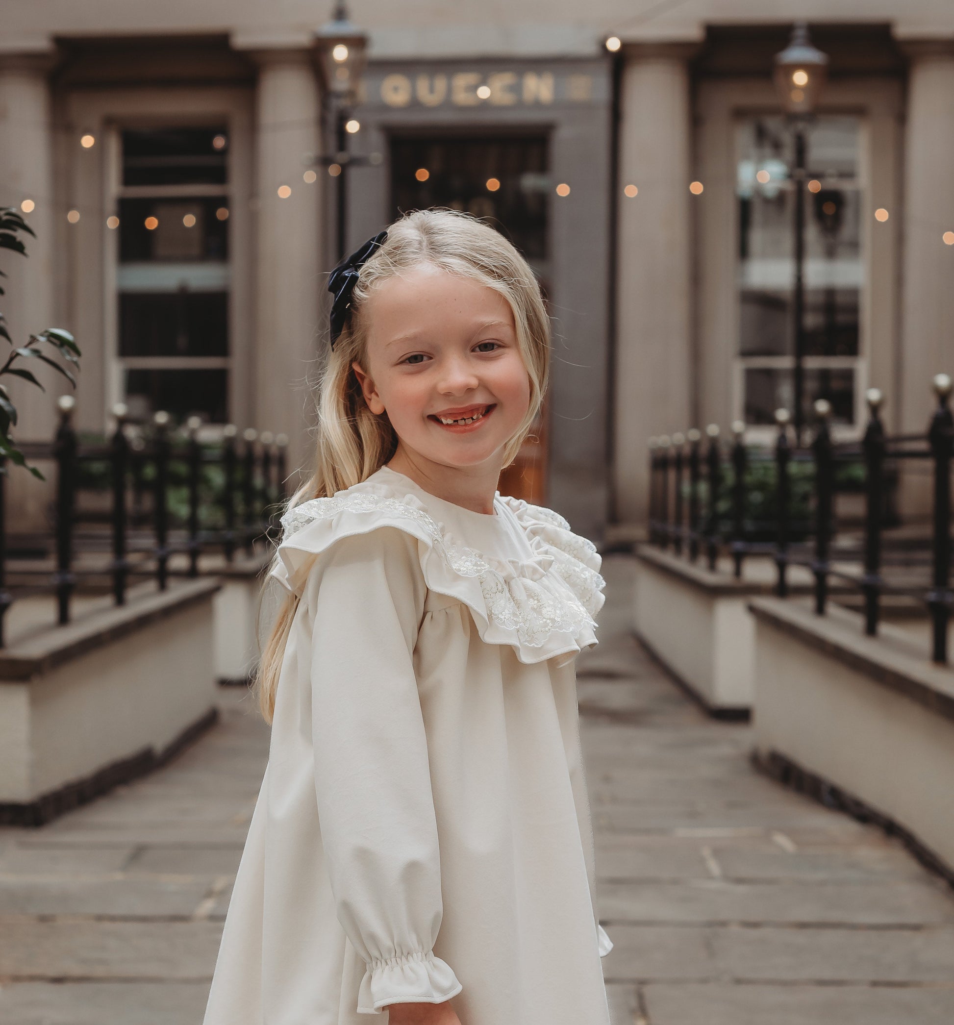 'Eve' Ivory velvet & gold lace dress - Rose & Albert