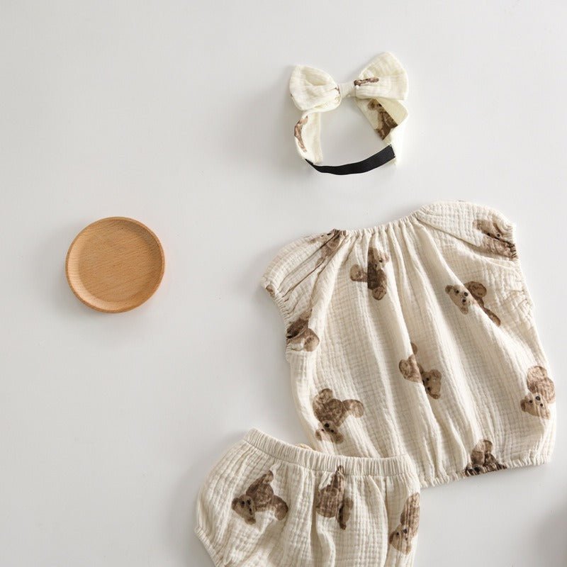 Bear 3 Piece Summer Set (T-Shirt, Shorts & Headband) - Cozy Crew Club