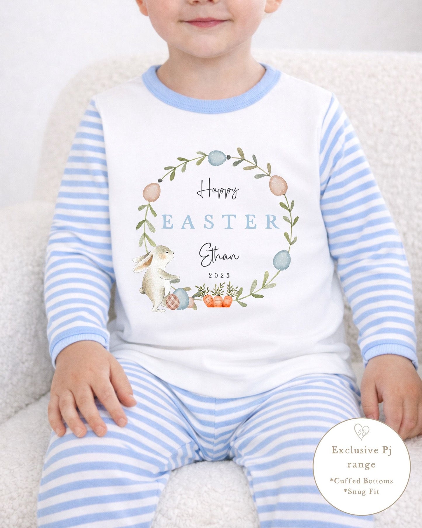 Personalised Blue Stripe Easter Pyjamas - Classic Wreath Design