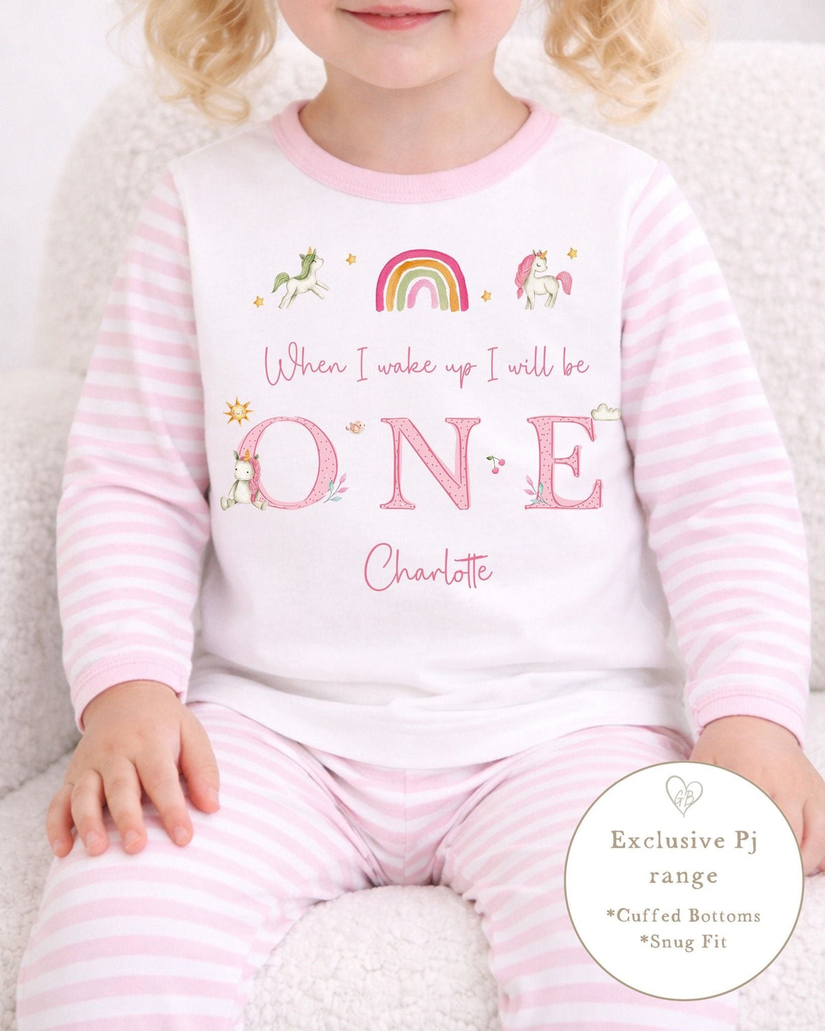 Personalised Pink Stripe Birthday Pyjamas - Unicorn Trio Design