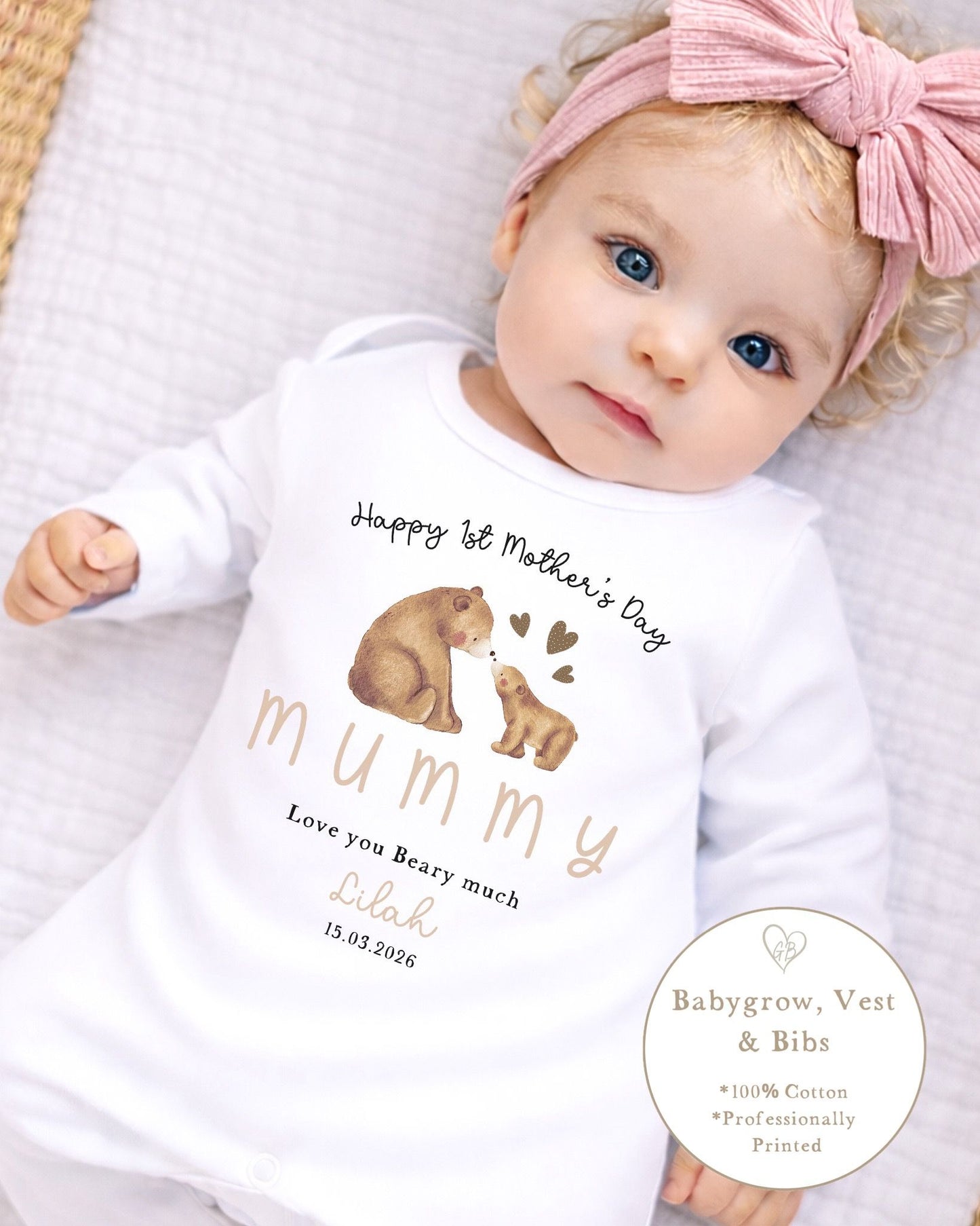 Personalised My First Mother's Day Babygrow / Short Sleeve Vest - Nude Mum & Me Bear Design