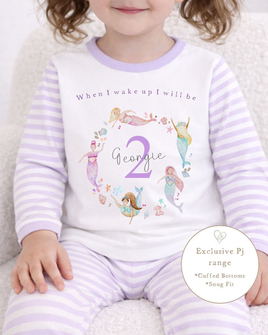 Personalised Lilac Stripe Birthday Pyjamas - Mermaid Wreath Design