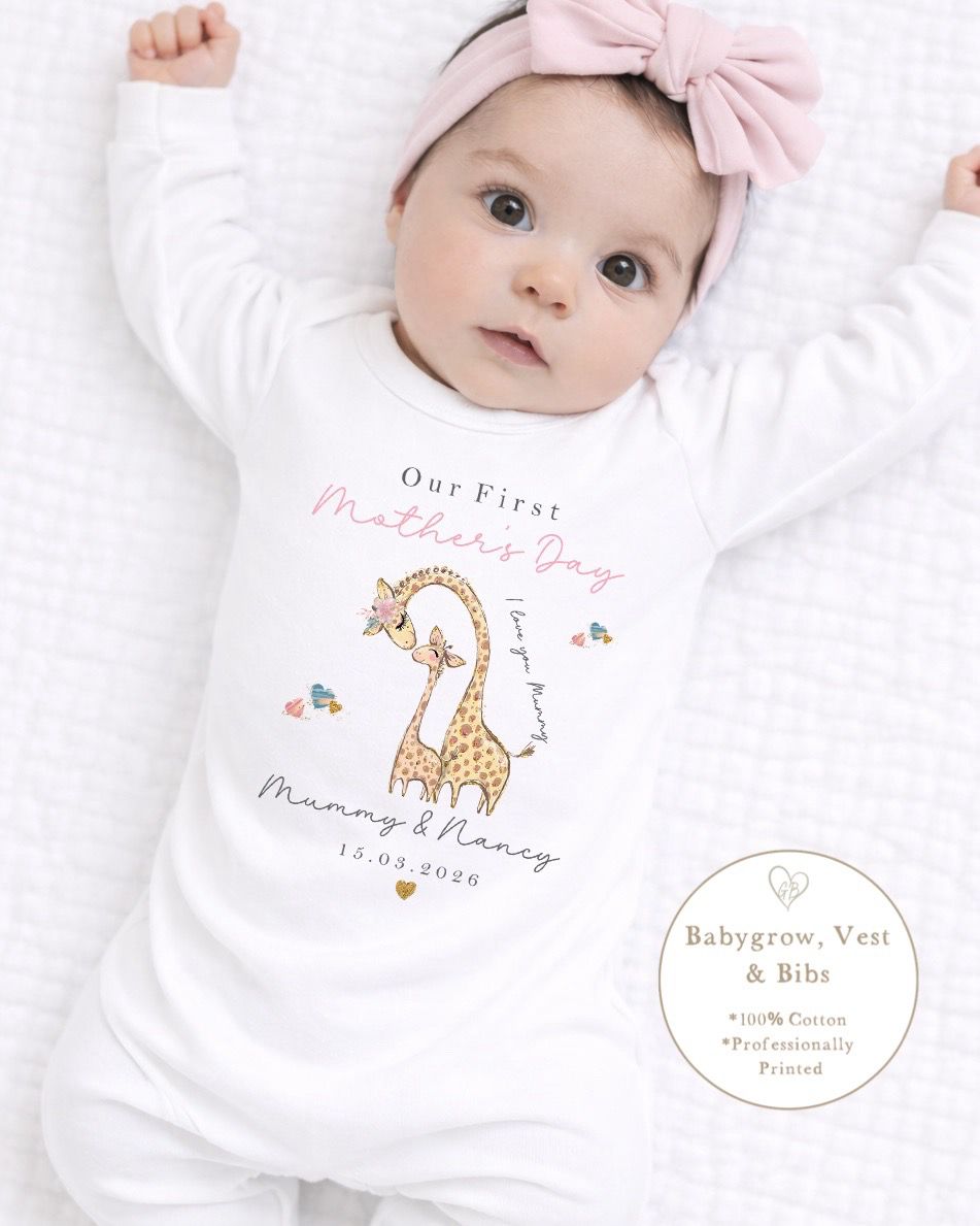 Personalised My First Mother's Day Babygrow / Short Sleeve Vest - Pink Giraffe Design