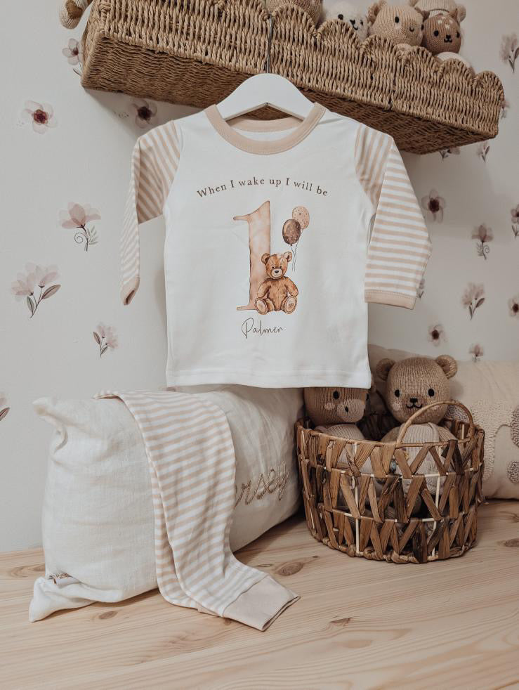 Beige & White Striped Personalised Birthday Pyjamas - Nude Girl Bear Design