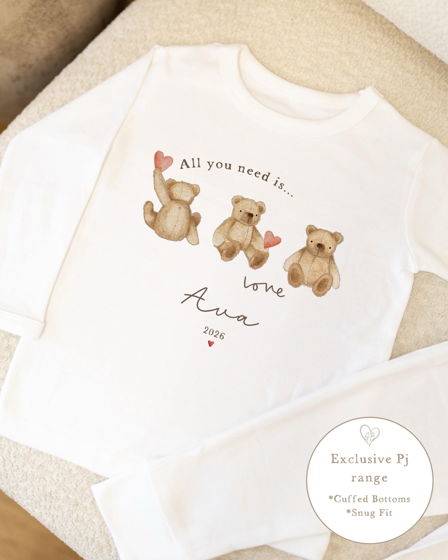 Personalised Plain White Valentines Pyjamas - Bear All You Need Is Love Design
