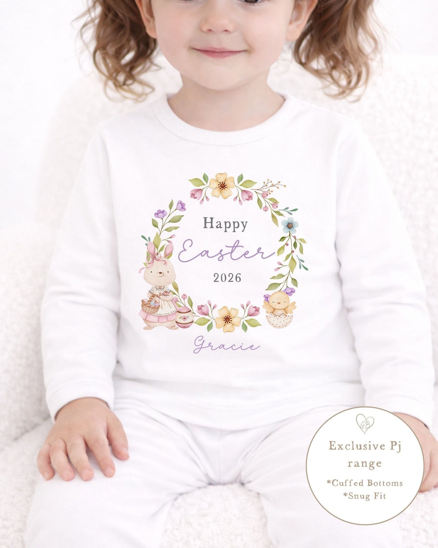Personalised Plain White Easter Pyjamas - Lilac Wreath Design