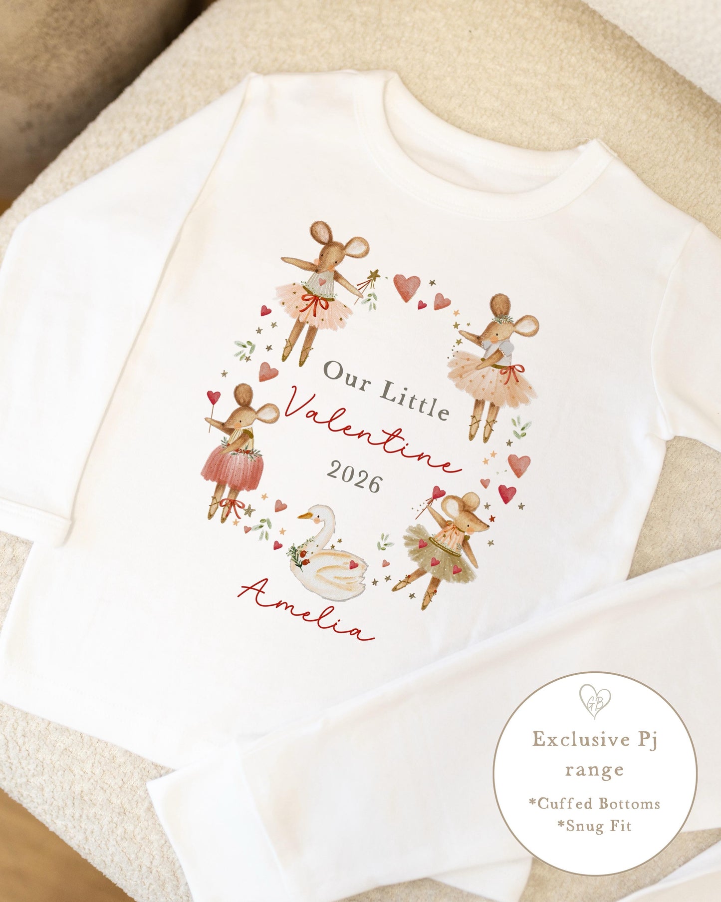 Personalised Plain White Valentines Pyjamas - Mice Wreath Design