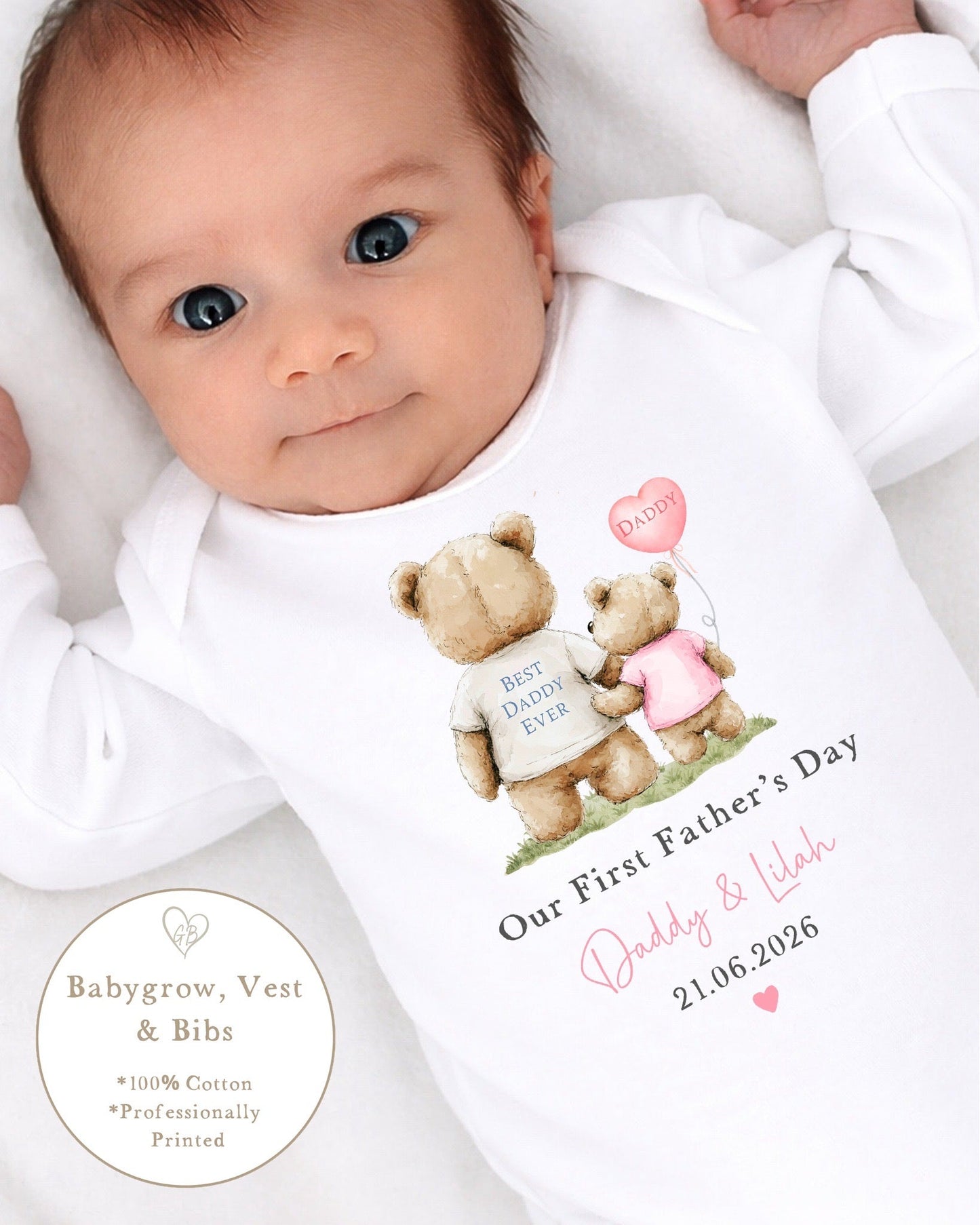Personalised My First Father's Day Baby Vest / Babygrow - Pink Bear Back Design