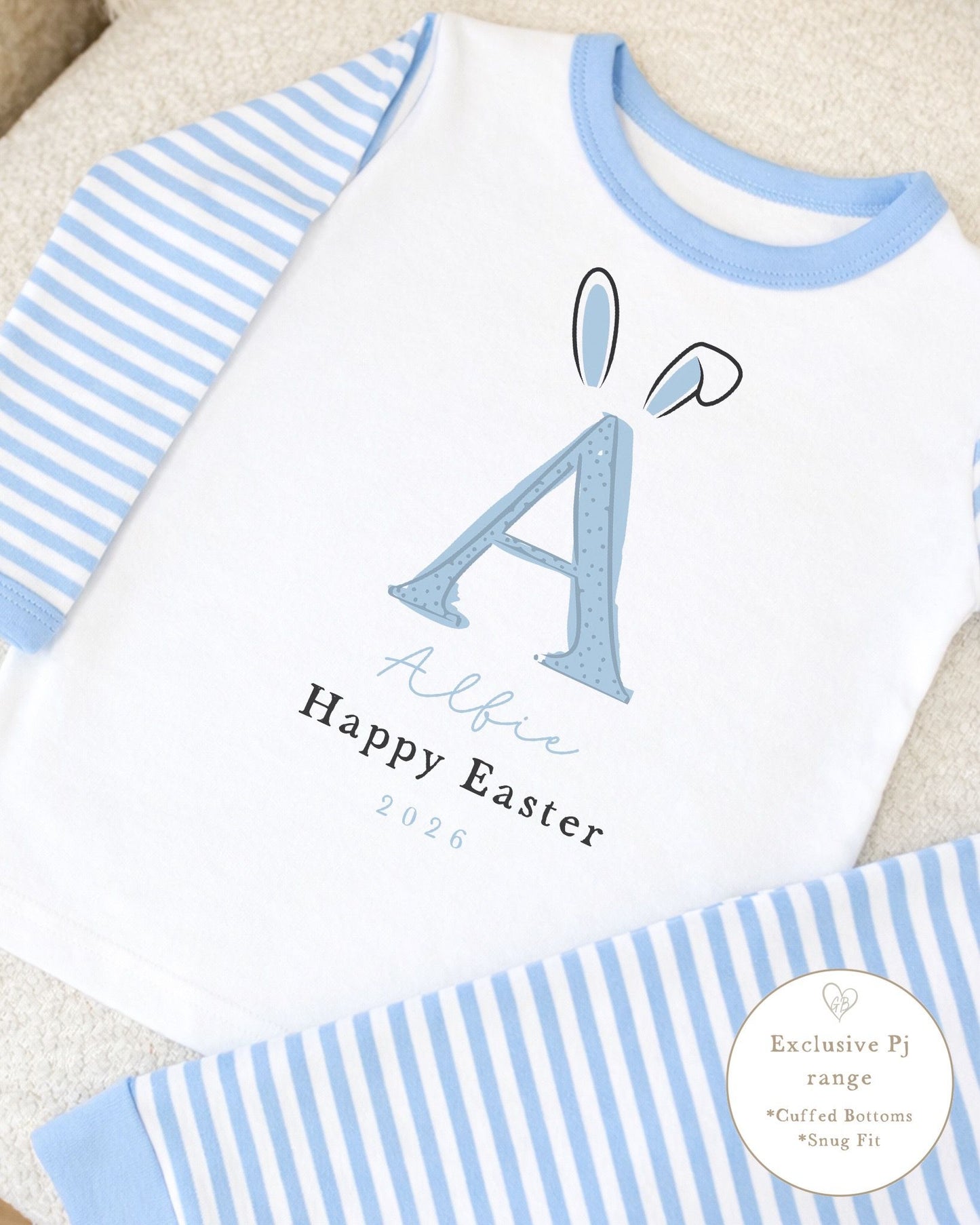 Personalised Blue Stripe Easter Pyjamas - Bunny Ear Initial Design