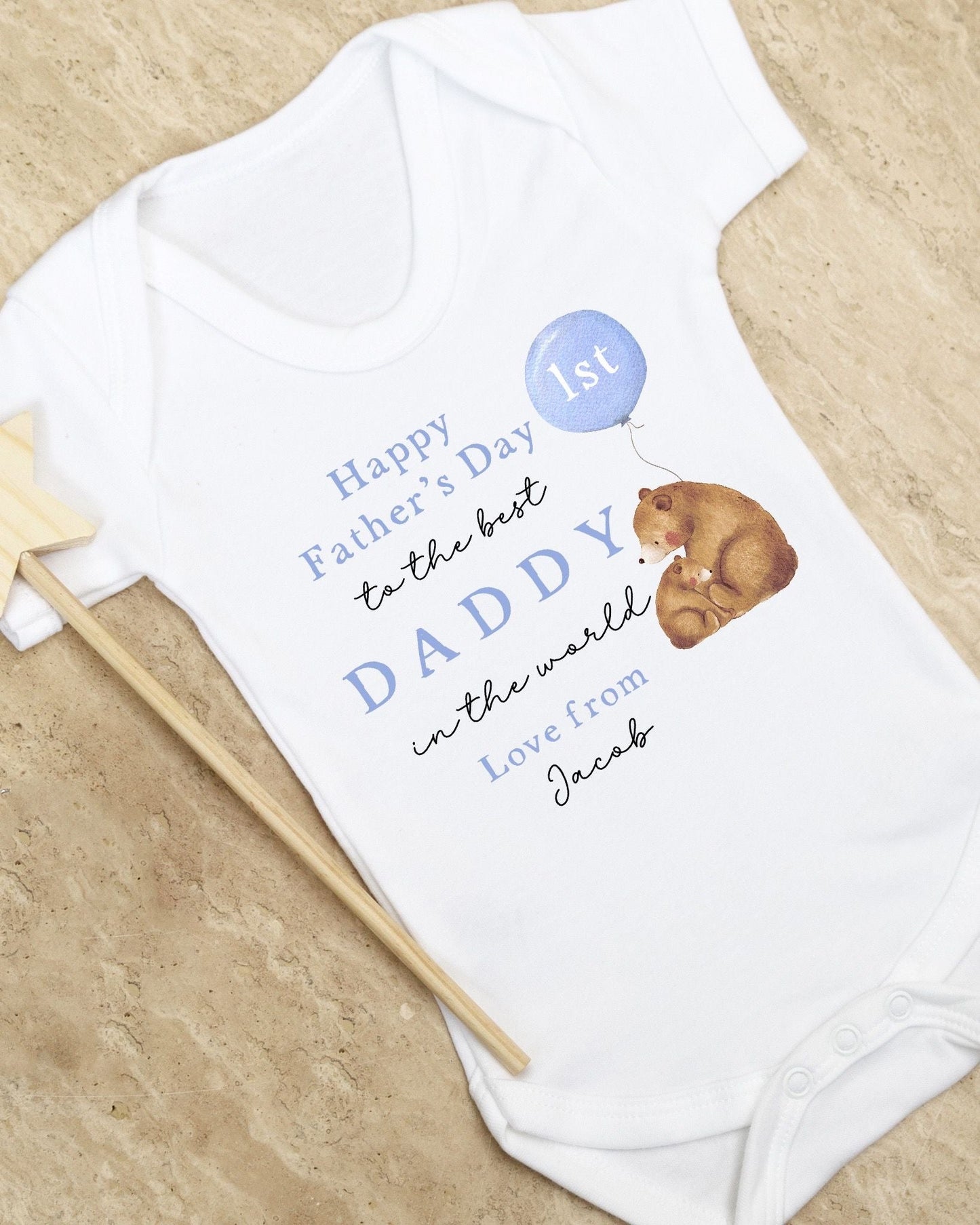 Personalised My First Father's Day Baby Vest / Babygrow - Blue Bear Balloon Design