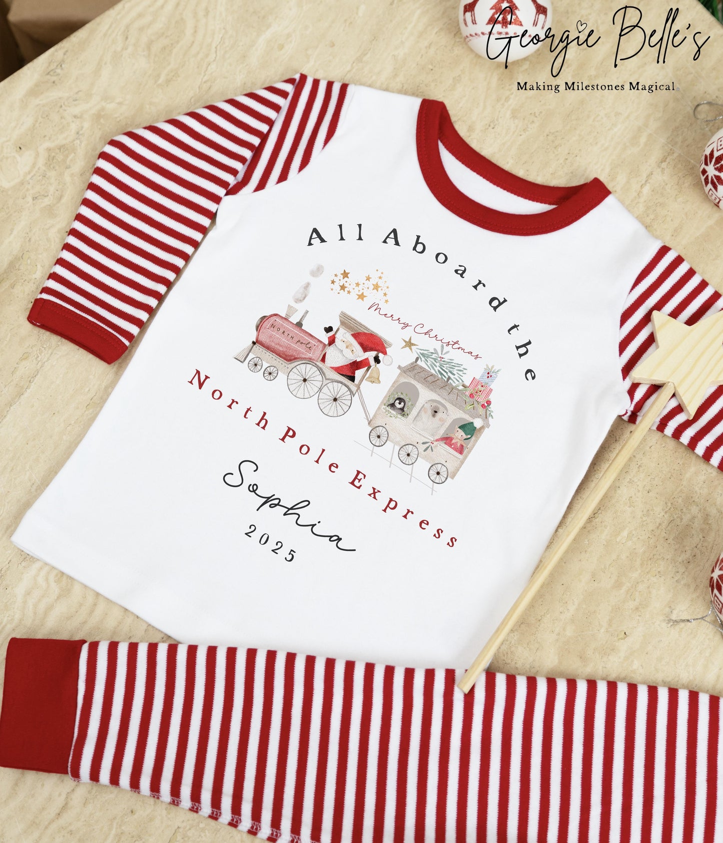 Personalised Red Stripe Christmas Pyjamas - North Pole Express Design