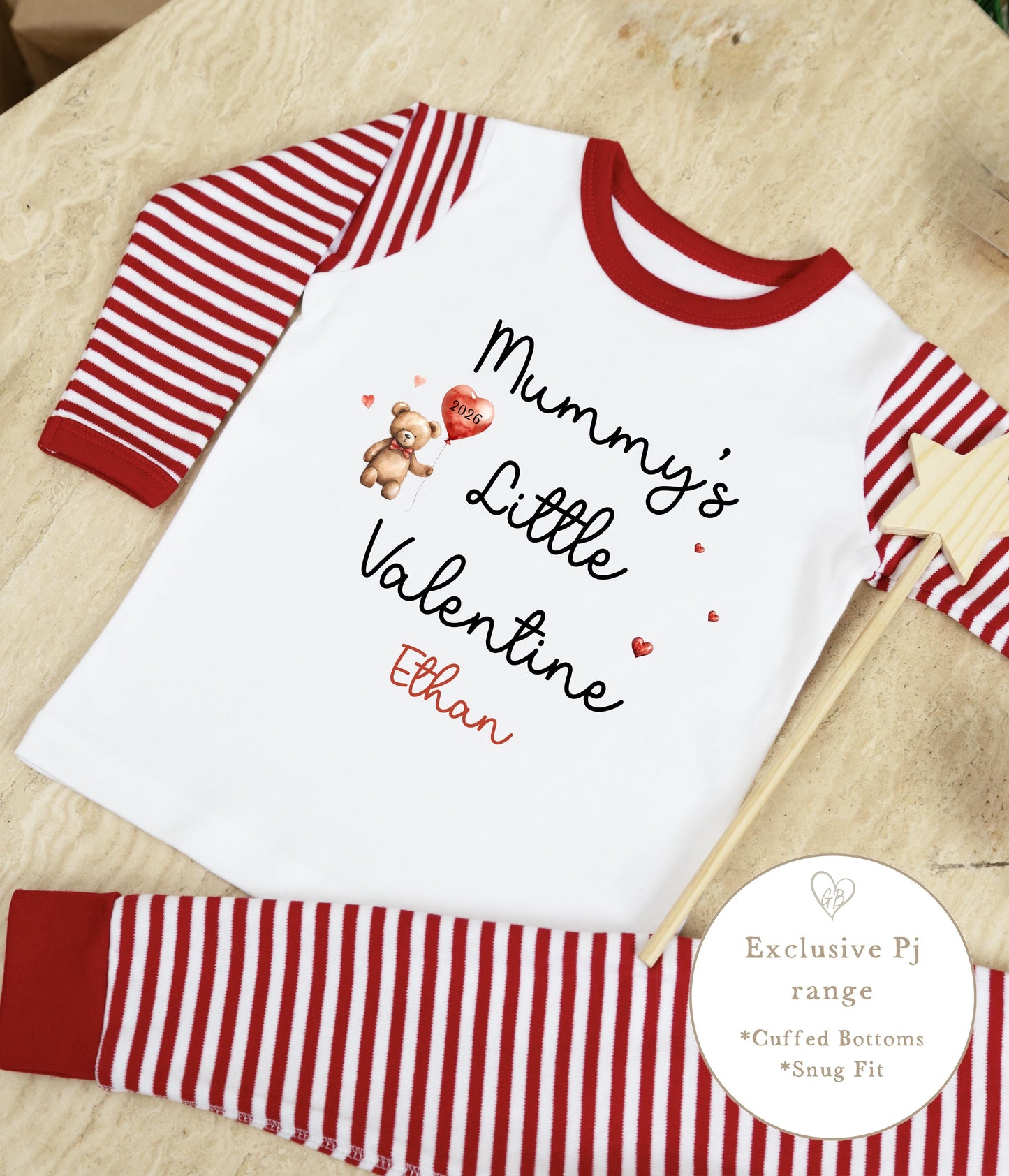 Personalised Red Stripe Valentines Pyjamas - Mummy’s Little Valentine Design