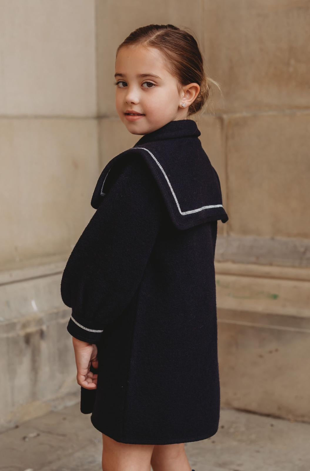 Marae Navy statement sleeve Merino Wool Coat - Rose & Albert