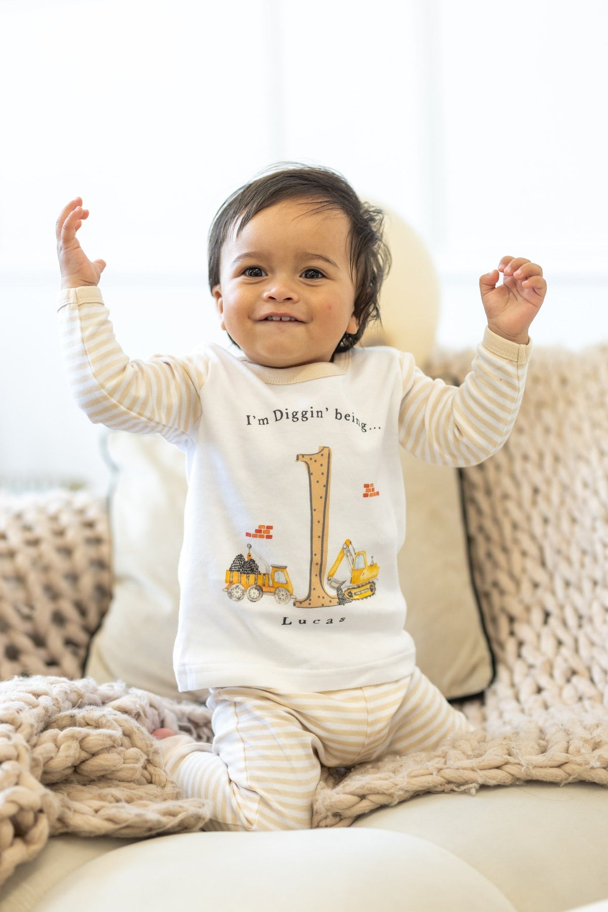 Personalised Beige Stripe Birthday Pyjamas - Digger Design