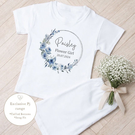 Personalised Flower Girl Short Set Pyjamas Dusky Wreath Design in Blue