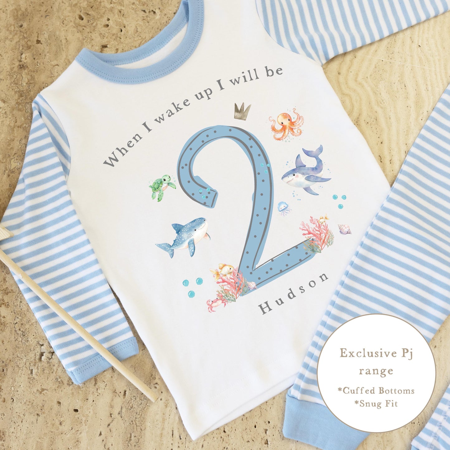 Blue & White Striped Personalised Birthday Pyjamas - Blue Under The Sea Design
