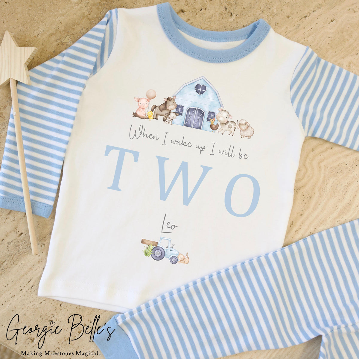 Personalised Blue Stripe Birthday Pyjamas - Blue Farm Design