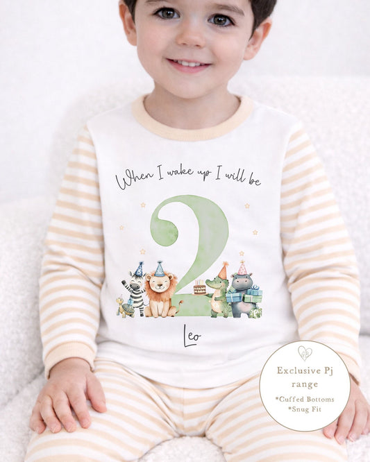 Personalised Beige Stripe Birthday Pyjamas - Safari Party Design
