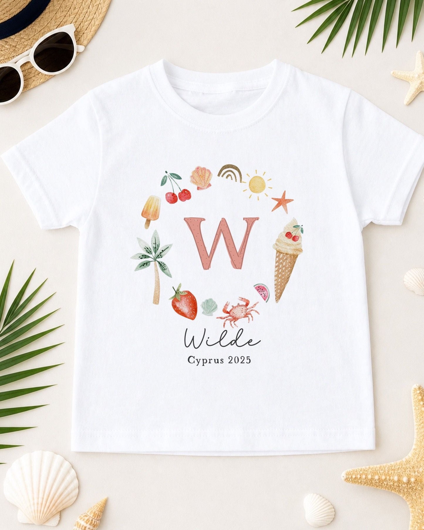 Personalised Kids Holiday T-Shirt - Pink Initial Wreath Design