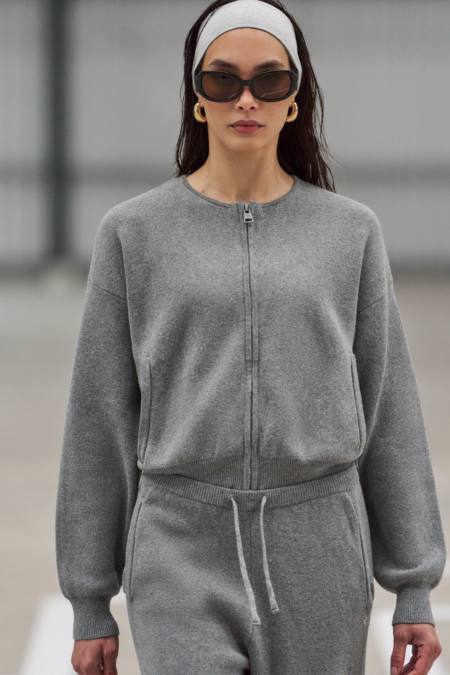 COLLARLESS KNITTED ZIP THROUGH BOMBER - GREY MARL