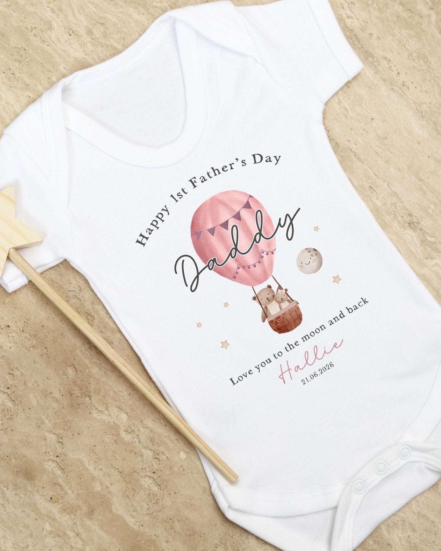 Personalised My First Father's Day Baby Vest / Babygrow - Pink Hot Air Balloon Design