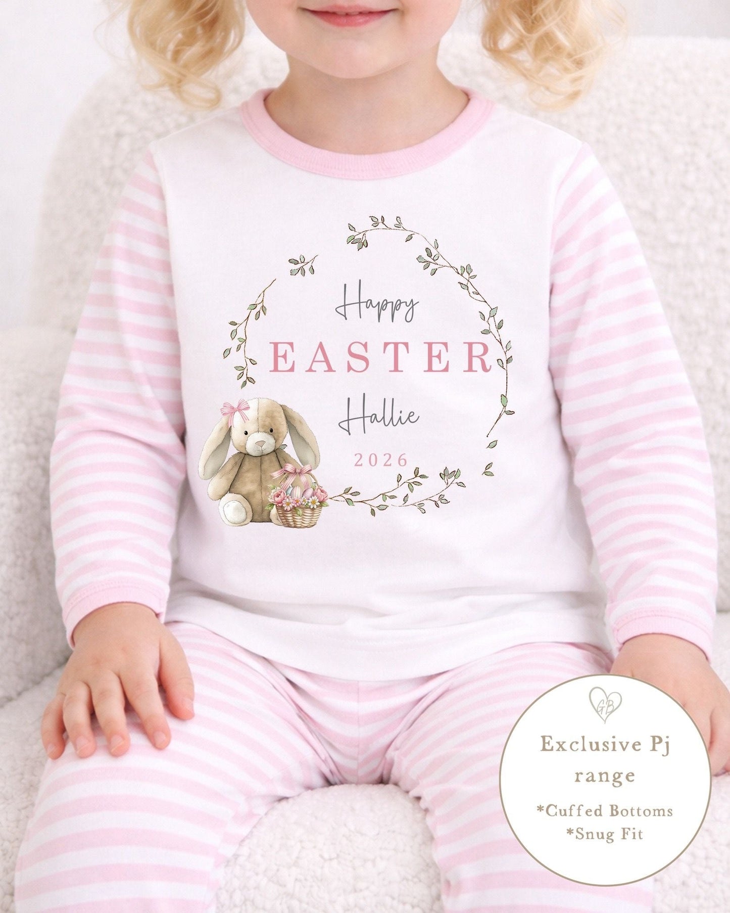 Personalised Pink Stripe Easter Pyjamas - Easter Bunny Wreath Design