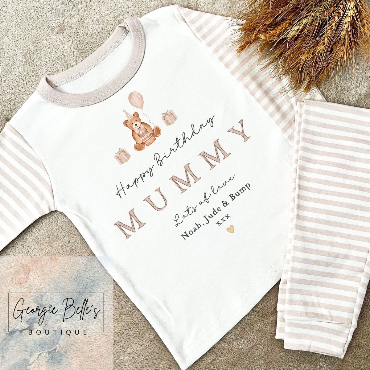 Personalised Birthday Pyjamas -  Mummy’s Birthday Nude Stripe Birthday Bear Design