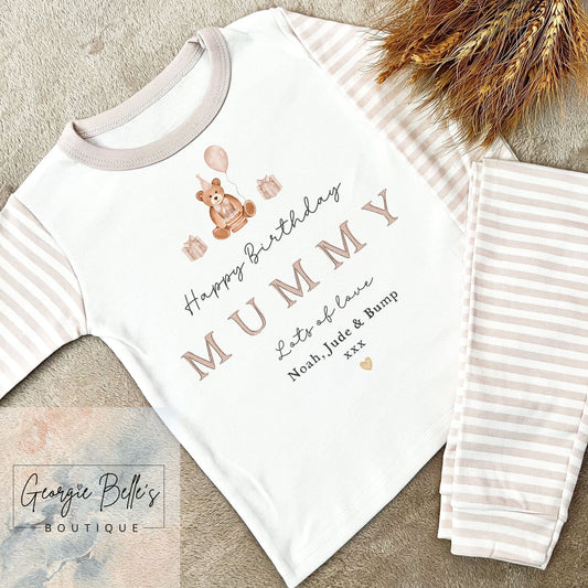 Personalised Birthday Pyjamas -  Mummy’s Birthday Nude Stripe Birthday Bear Design