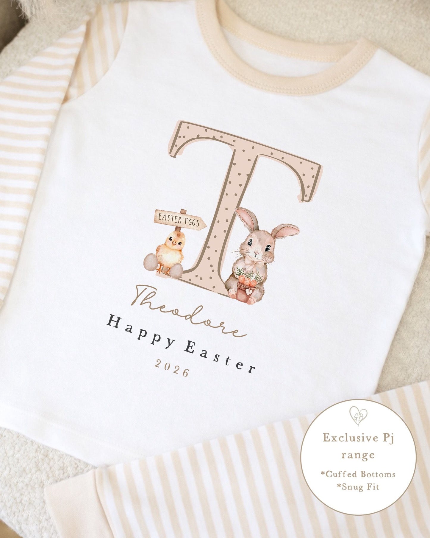 Personalised Beige Stripe Easter Pyjamas - Easter Initial Design