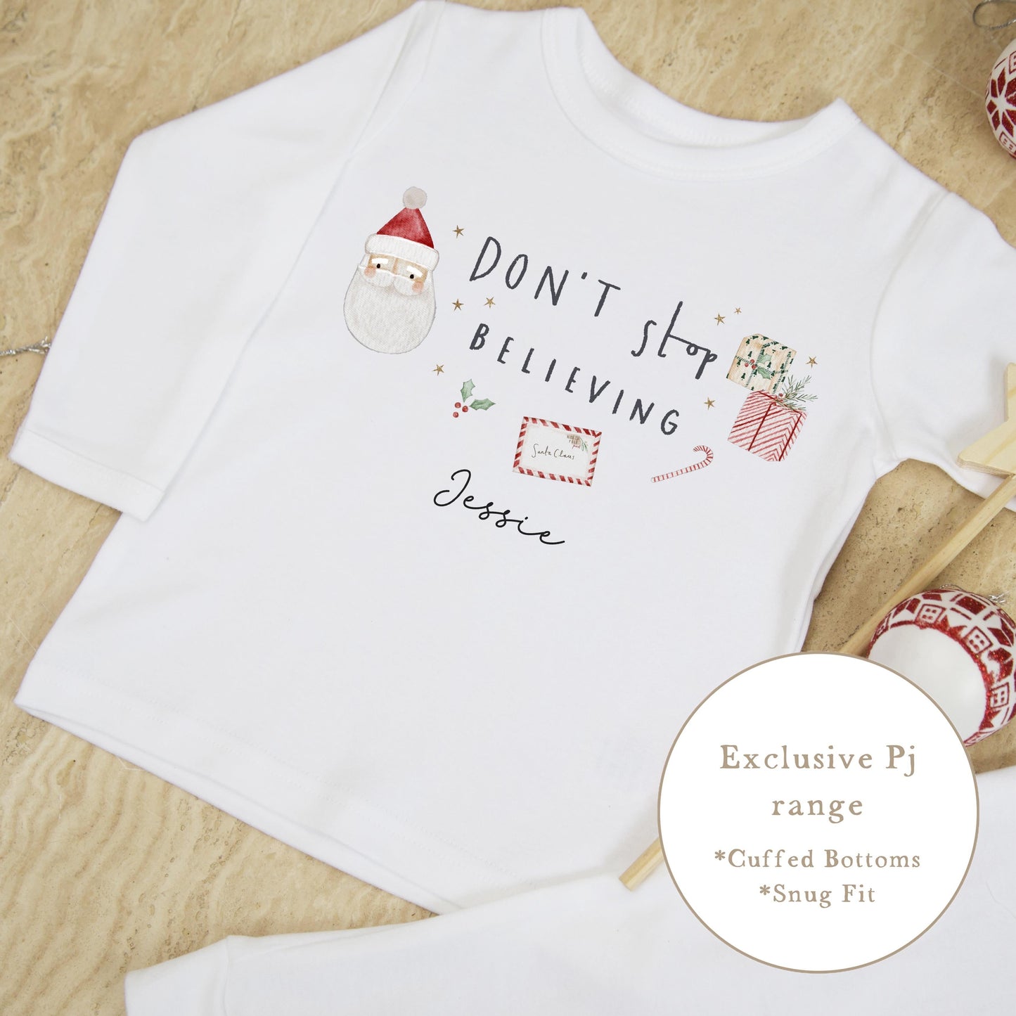 Plain white Family Matching Personalised Christmas Pyjamas - Don’t Stop Believing Design