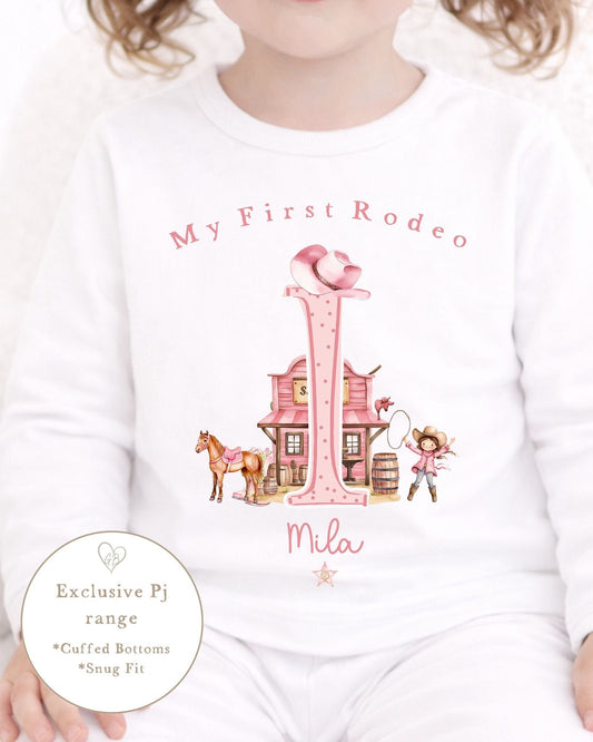Personalised Plain Birthday Pyjamas My First Rodeo Design in White