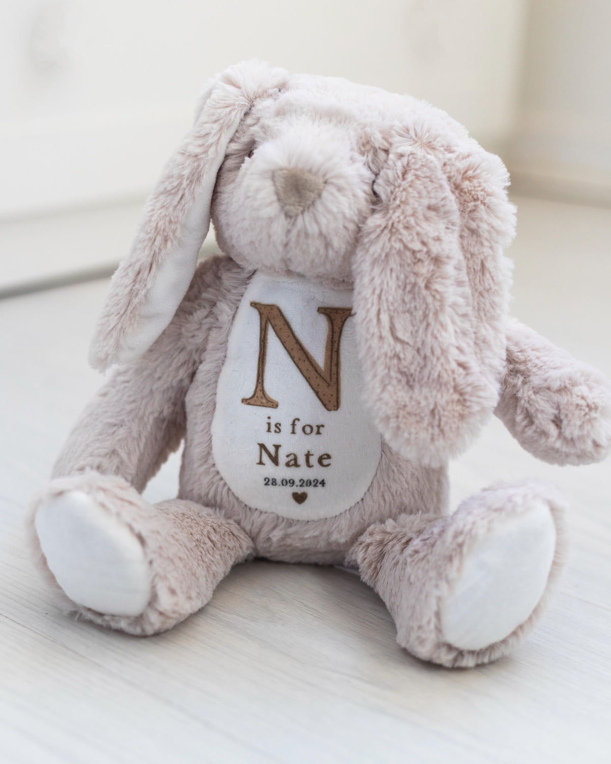 Personalised Baby Boy Bunny Soft Toy | Personalised Baby Gift - Beige Initial Design