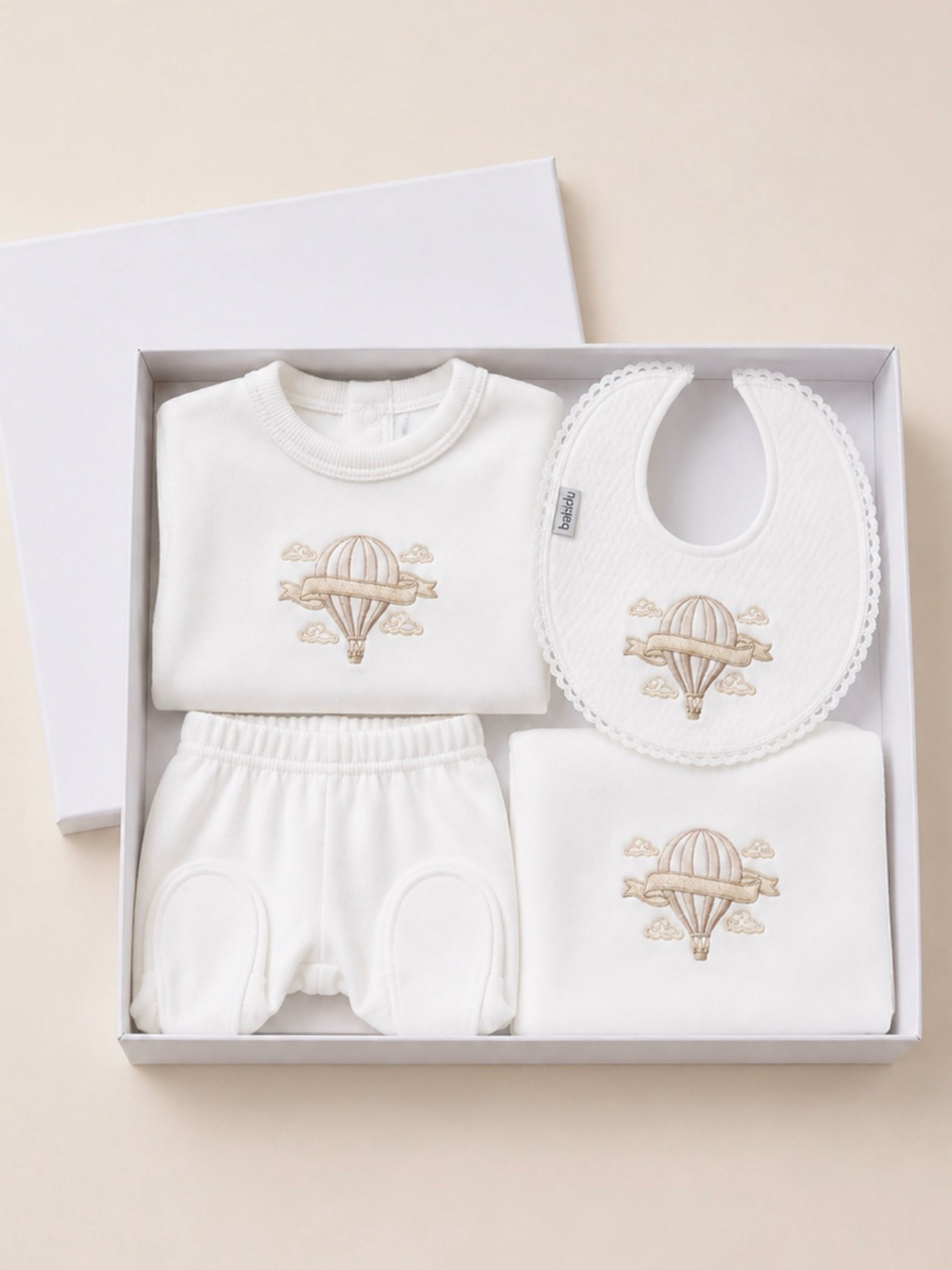 Luxe white hot air balloon embroidered gift set - Rose & Albert