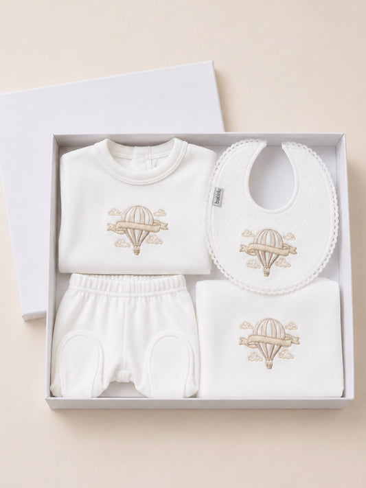 Luxe white hot air balloon embroidered gift set - Rose & Albert