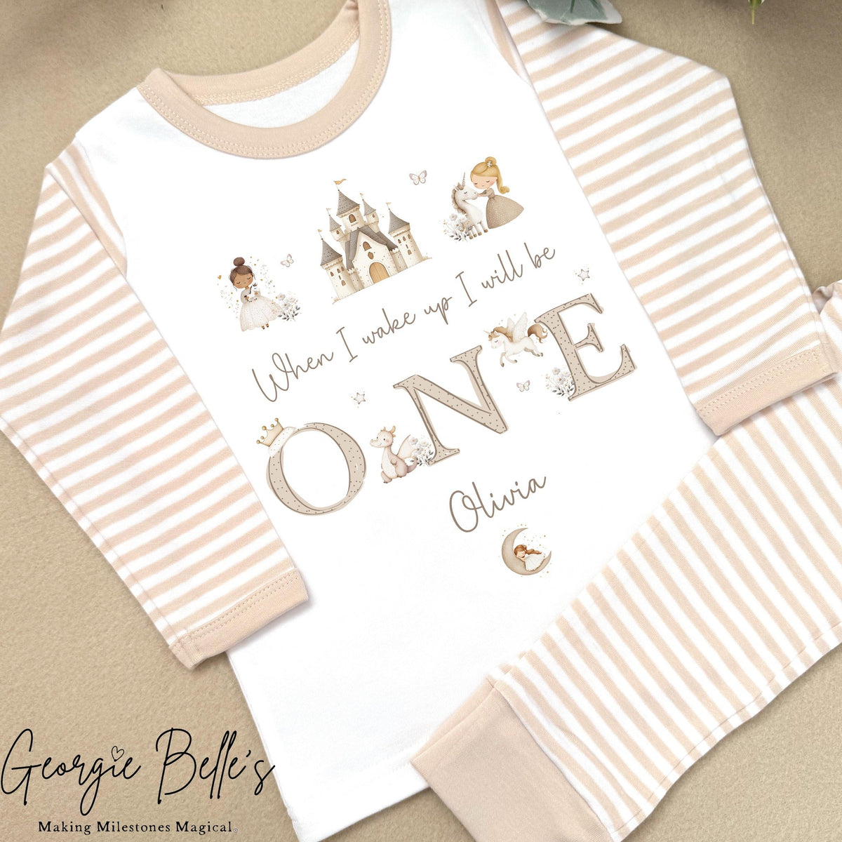 Personalised Beige Stripe Birthday Pyjamas - Beige Princess Trio Design