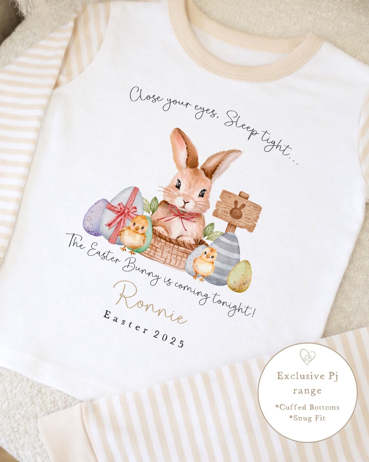 Personalised Beige Stripe Easter Pyjamas - Close Your Eyes Design