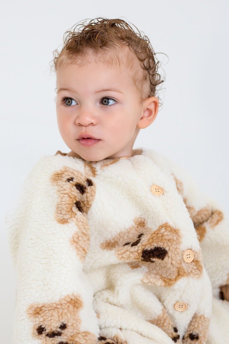 Bear Fleece Romper Cream or Brown - Cozy Crew Club