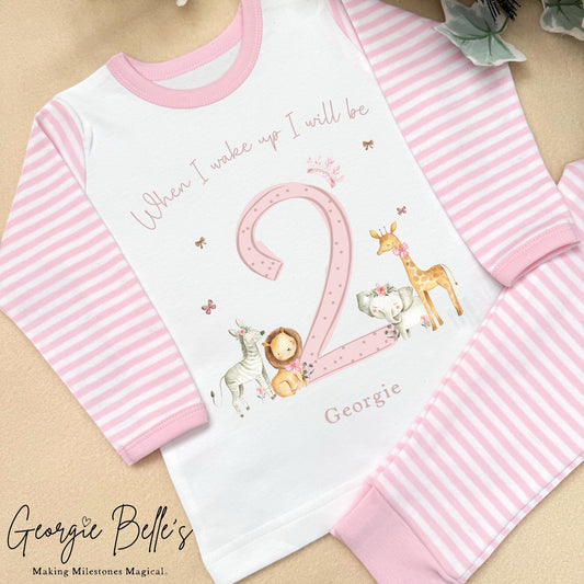 Personalised Pink Stripe Birthday Pyjamas - Pink Safari Number Design
