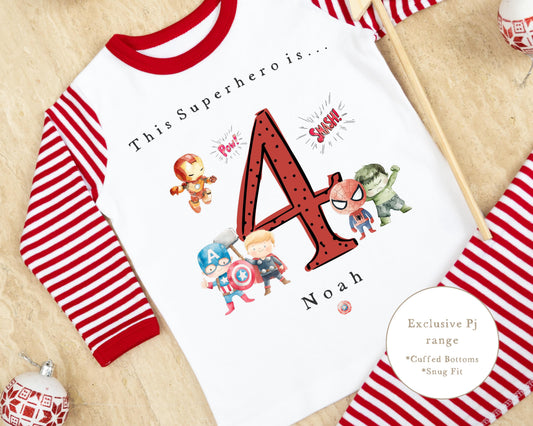 Personalised Red Stripe Birthday Pyjamas - Superhero Design