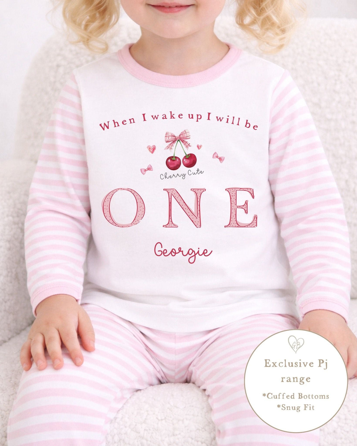 Personalised Pink Stripe Birthday Pyjamas - Cherry Design
