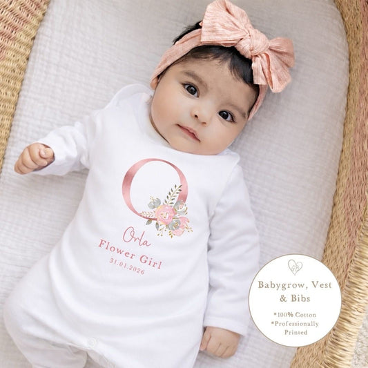 Personalised Flower Girl Babygrow / Short Sleeve Vest - Pink Initial Design