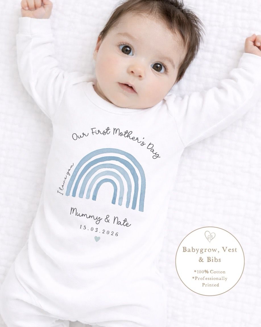 Personalised My First Mother's Day Babygrow / Short Sleeve Vest - Blue Rainbow Design