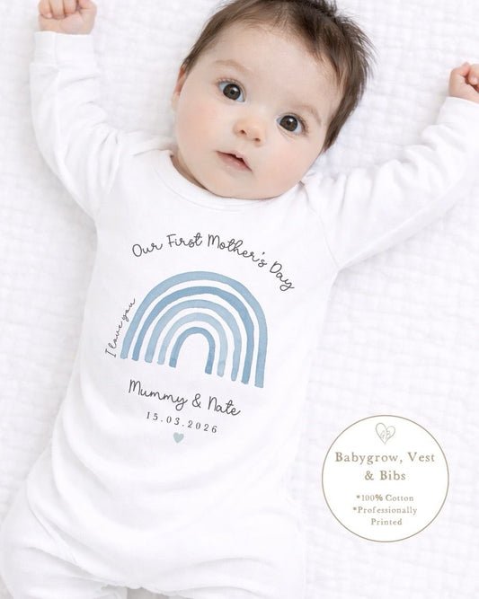 Personalised My First Mother's Day Babygrow / Short Sleeve Vest - Blue Rainbow Design